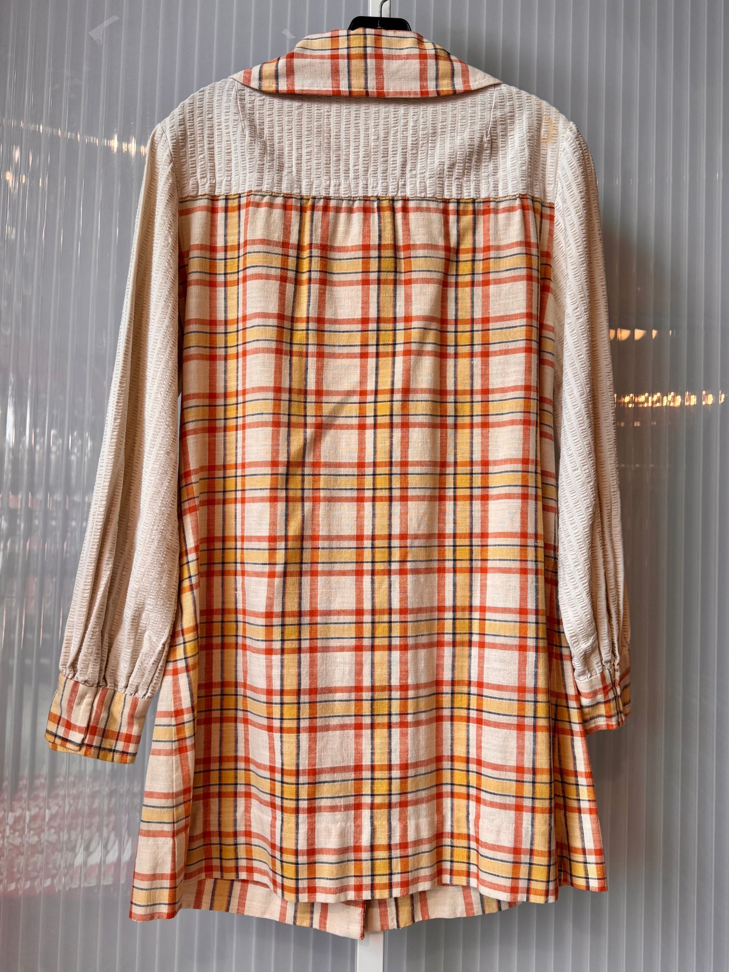 1970s Orange & Cream Plaid Button Up Dress w/ Pockets