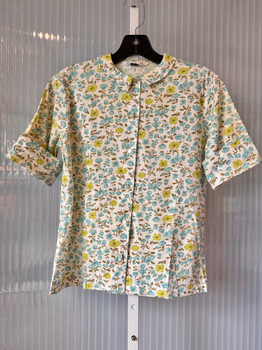 1960s Blue & Lime Floral Collared Blouse