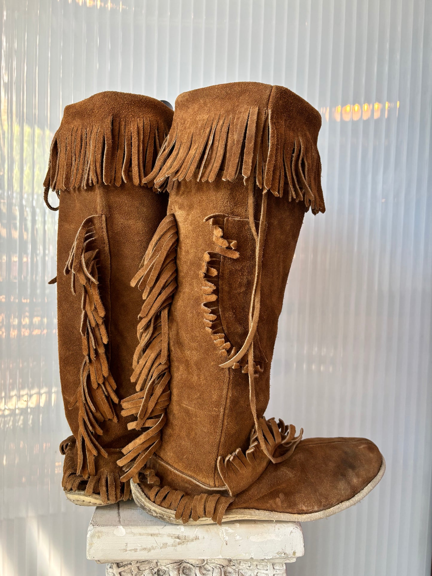 Brown Suede Fringe Knee High Moccasin w/ Knife Pocket 13