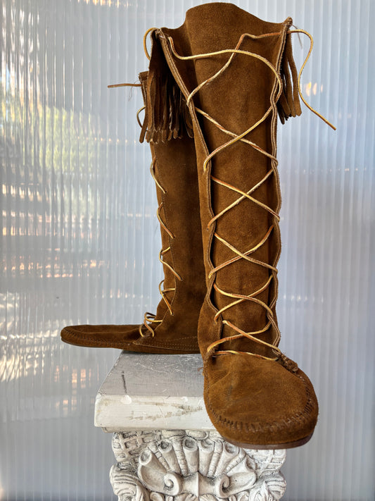 Minnetonka Brown Suede Fringe Knee-high Moccasin size 13