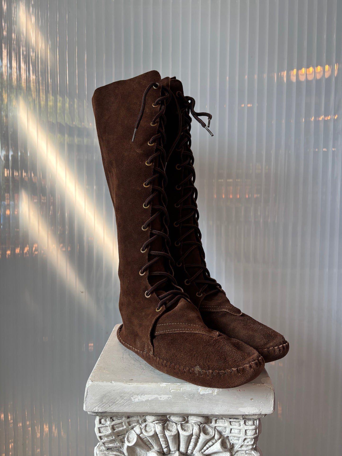 Dark Brown Suede Lace Up Moccasins Size 9