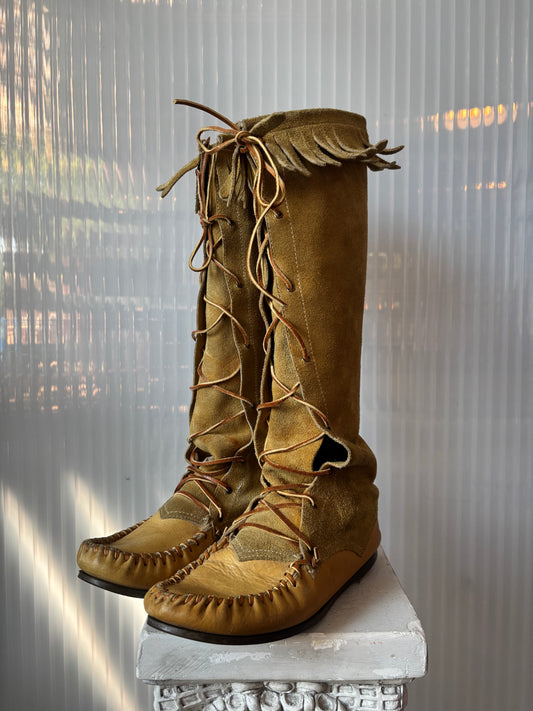 Weron Two Toned Leather & Suede Fringe Knee-High Moccasin Size 9