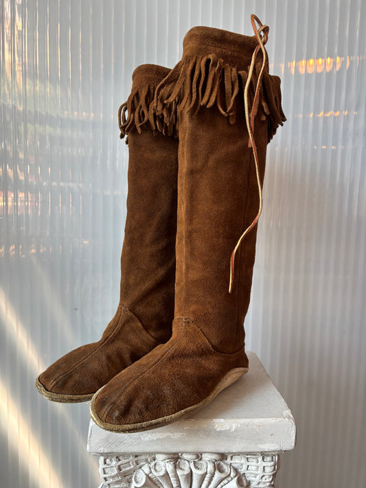 Brown Suede Fringe Knee-High Moccasin Size 8