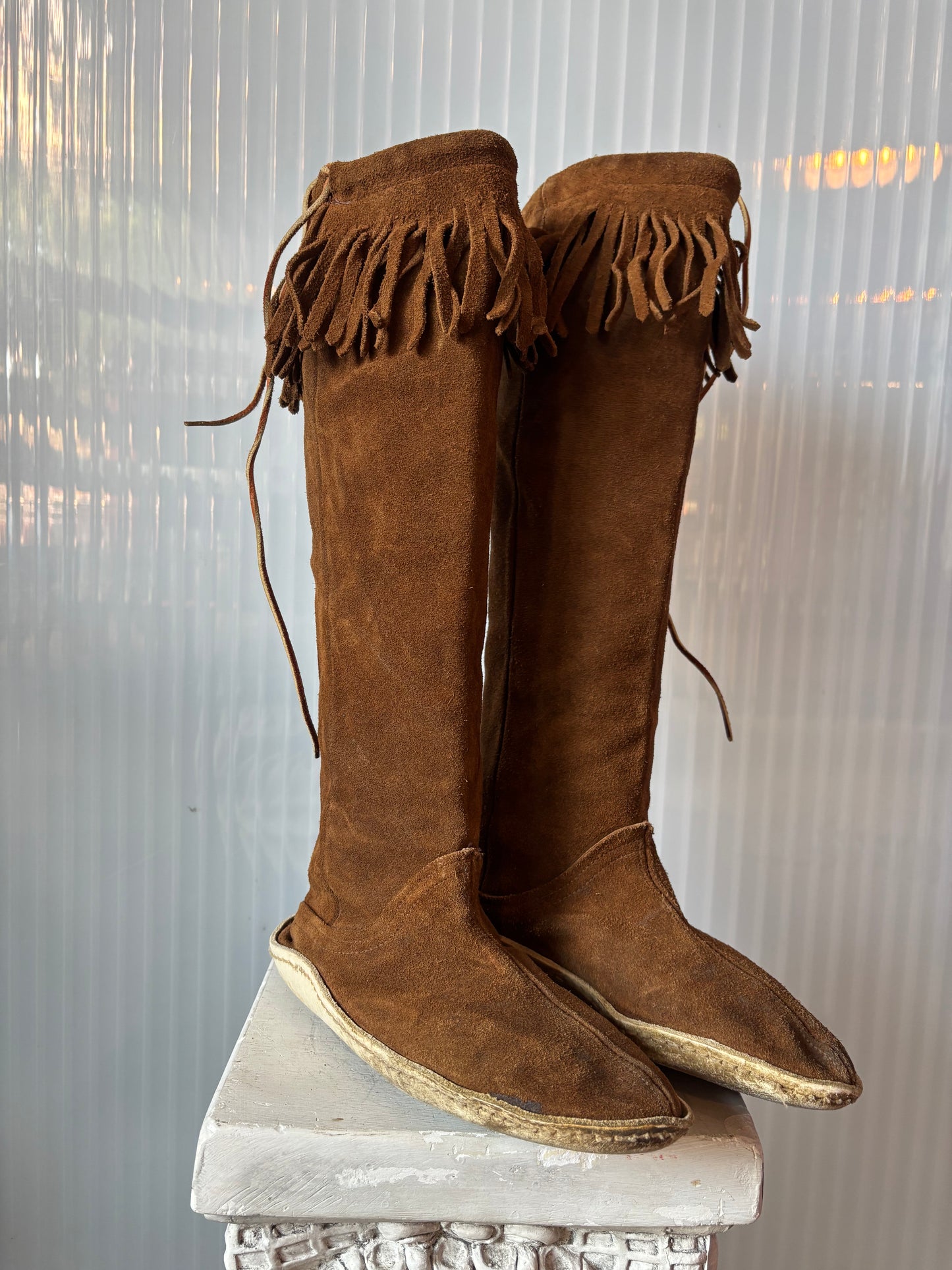 Brown Suede Fringe Knee-High Moccasin Size 8