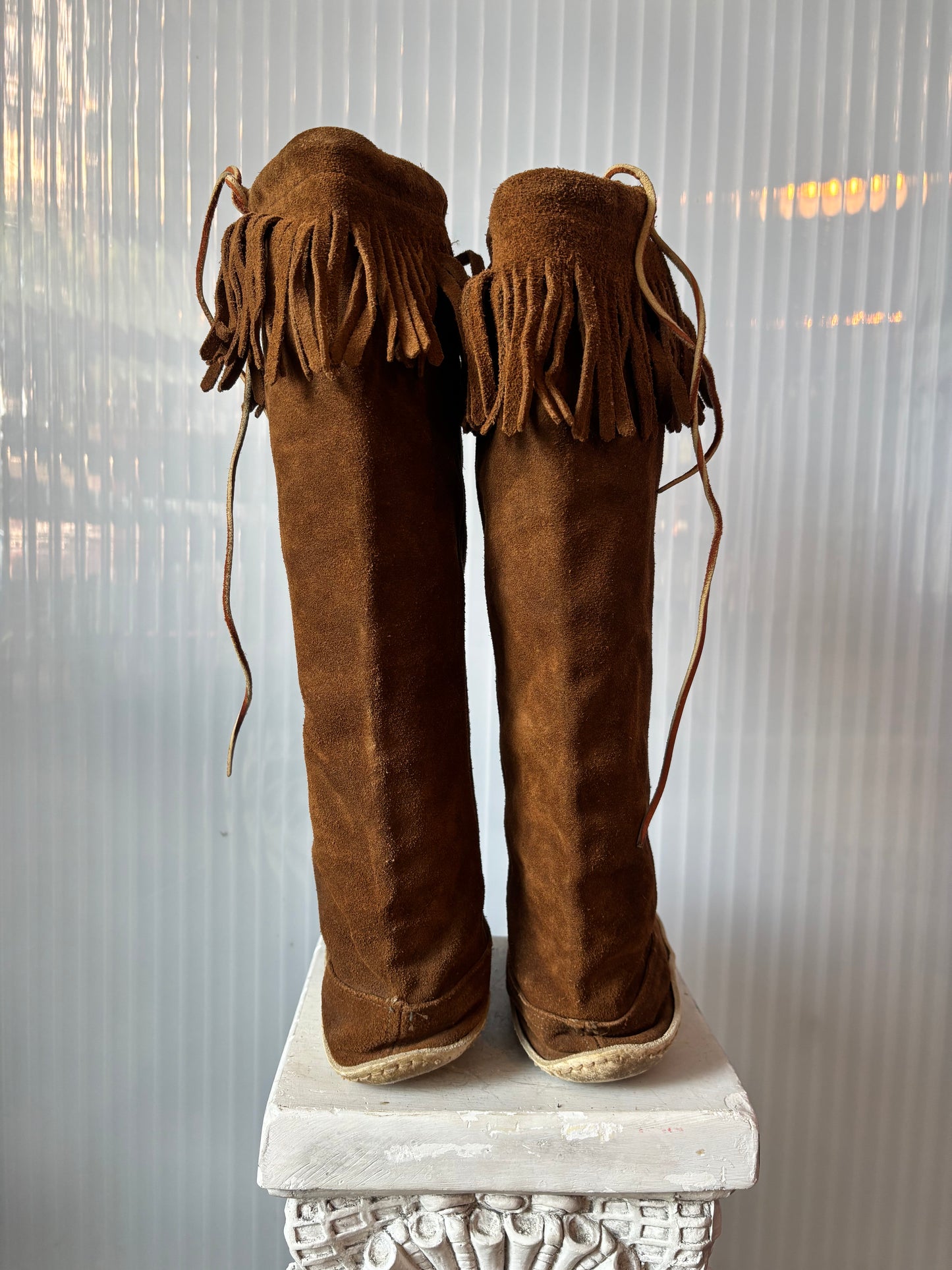 Brown Suede Fringe Knee-High Moccasin Size 8