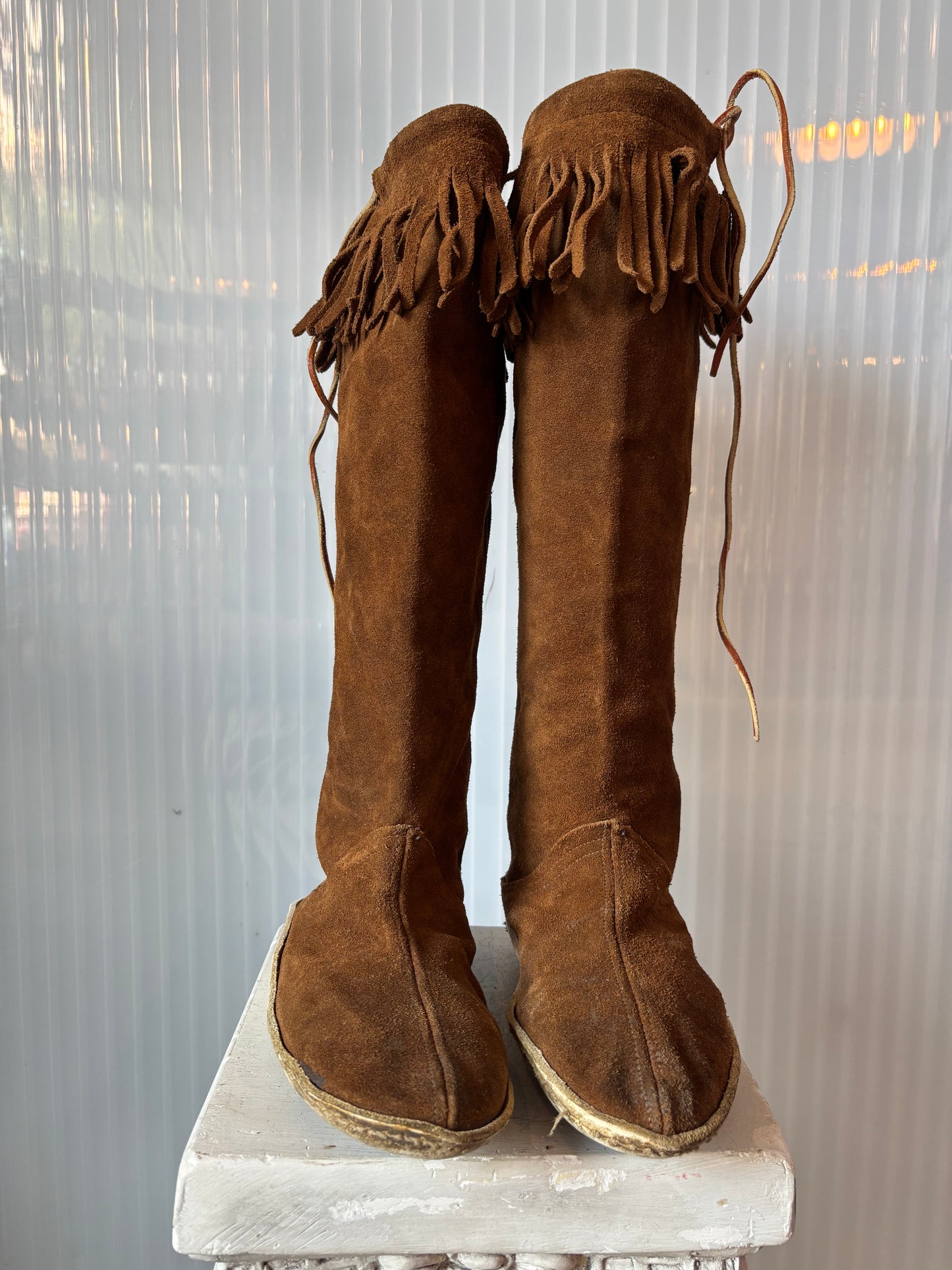 Brown Suede Fringe Knee-High Moccasin Size 8