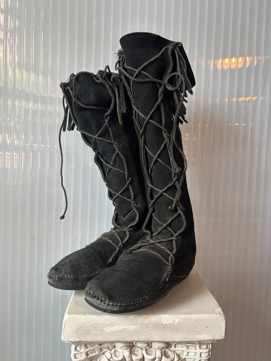 Minnetonka Black Suede Fringe Knee-High Moccasin size 8