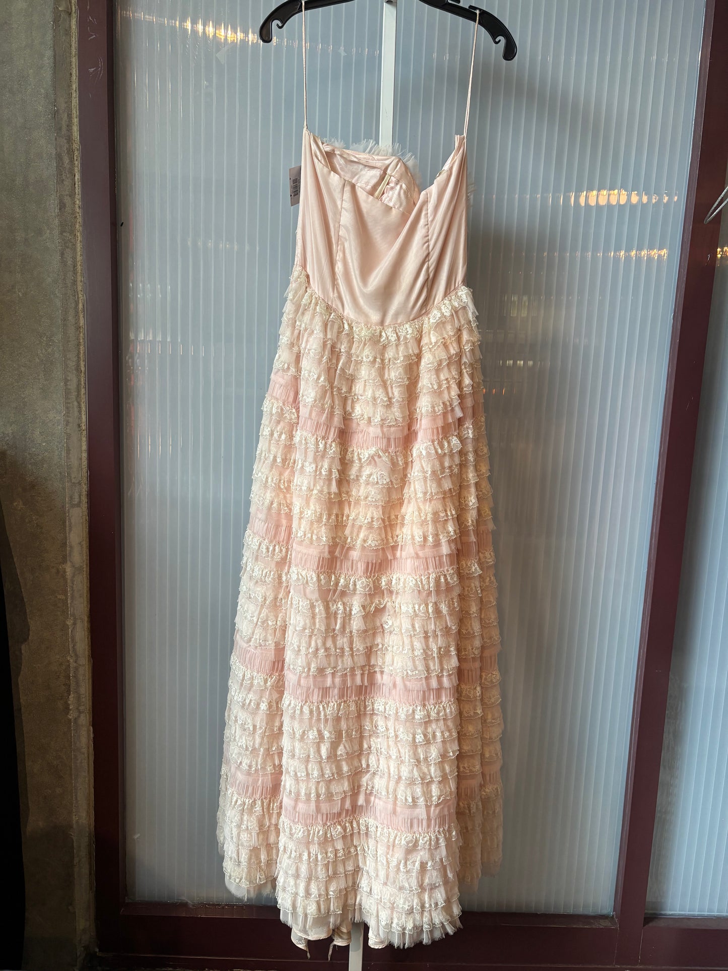 1950s Pink Ruffle Lace Floor Length Gown