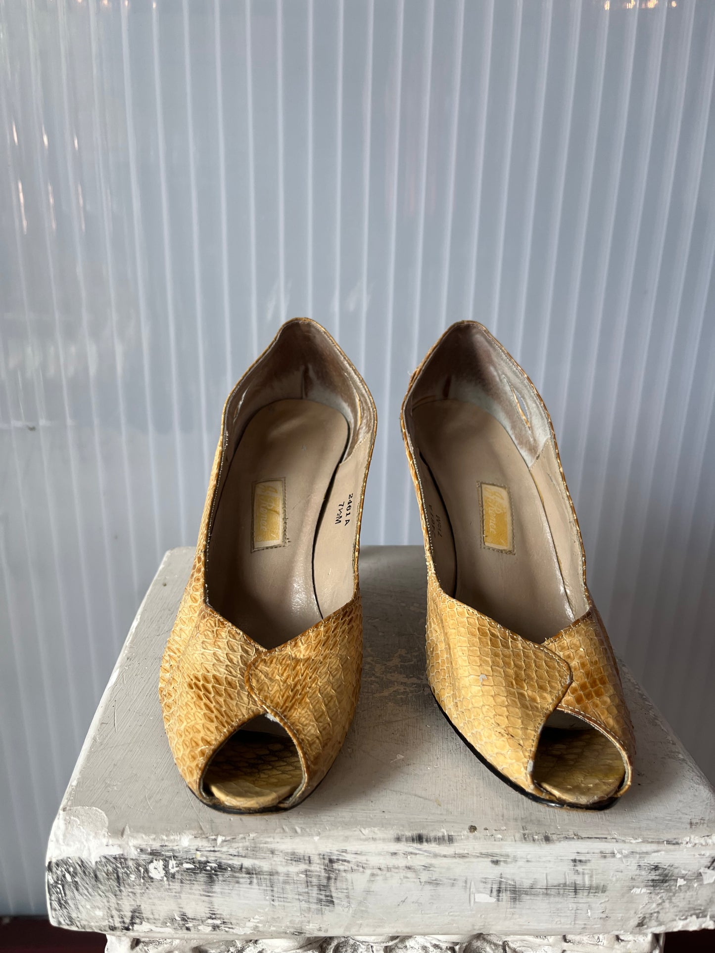 1980s Tan Snakeskin Open-toe Heels