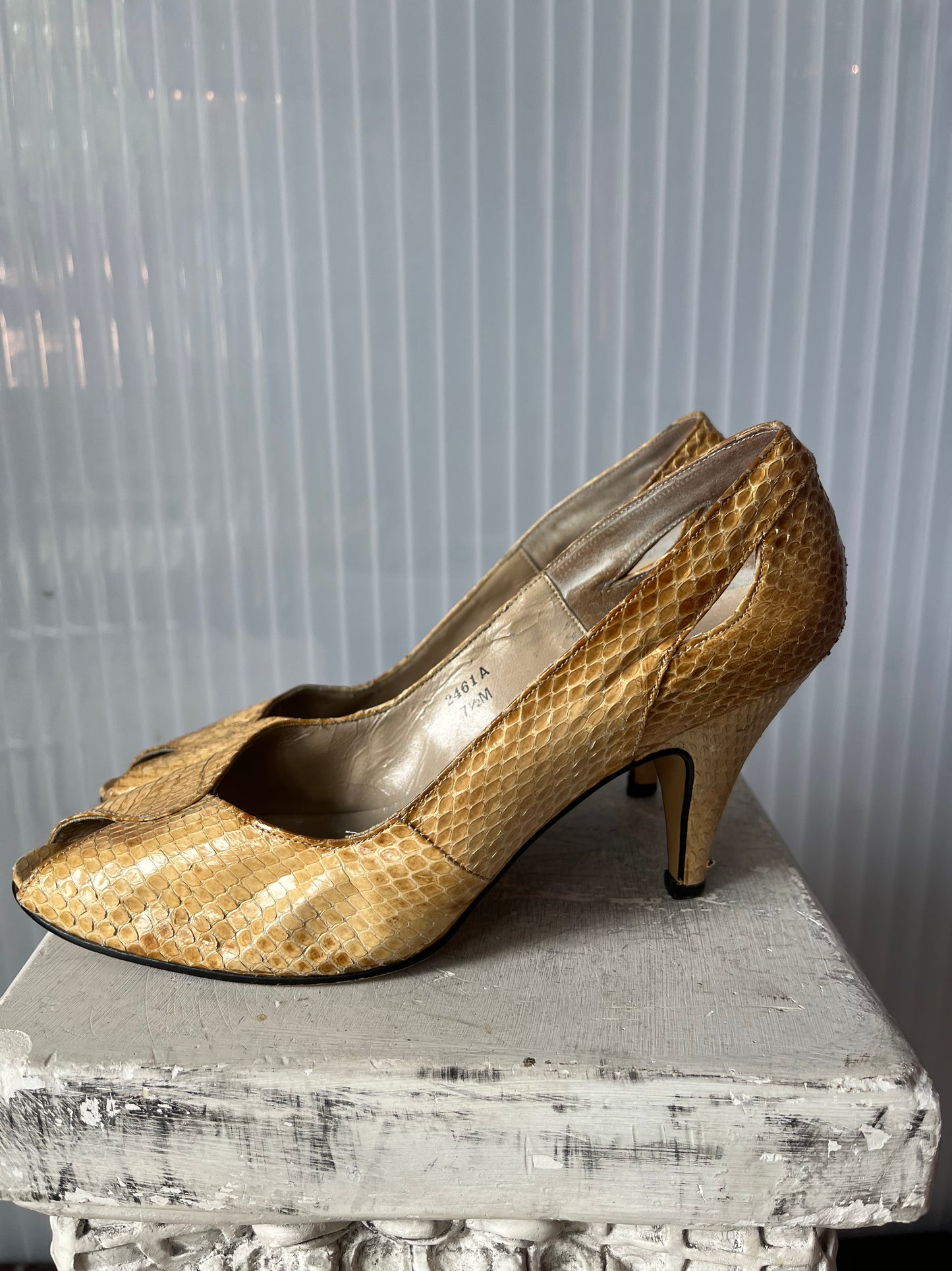 1980s Tan Snakeskin Open-toe Heels