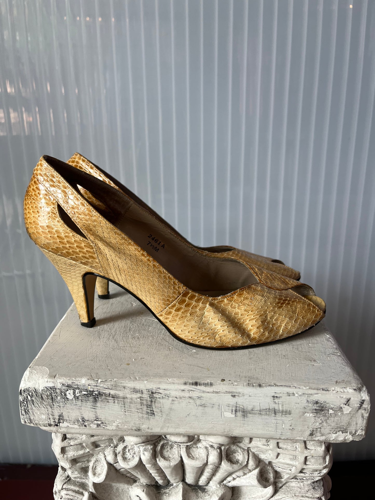 1980s Tan Snakeskin Open-toe Heels