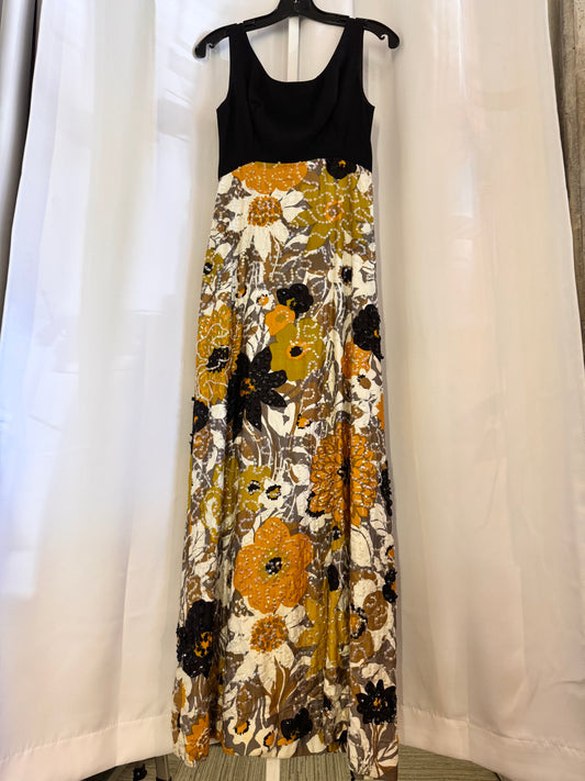 60s/70s Black & Marigold Floral Dress
