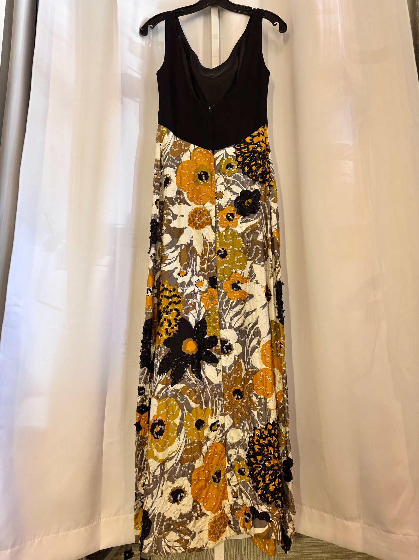 60s/70s Black & Marigold Floral Dress
