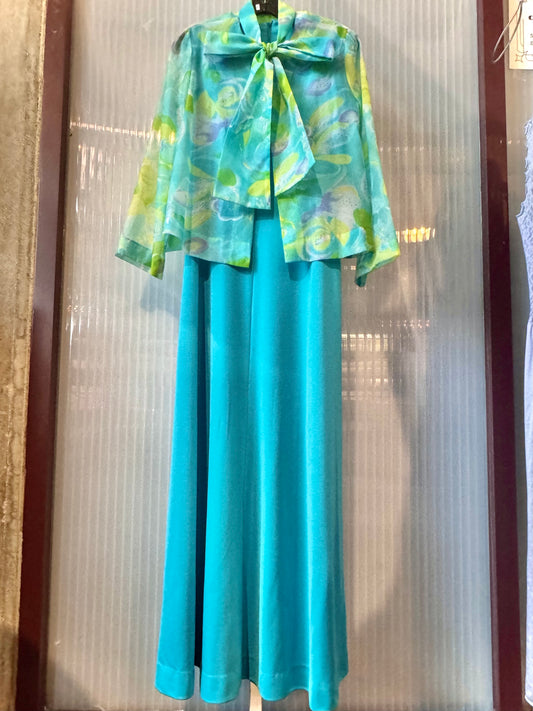 1970s Blue and Green Dress + Jacket Set