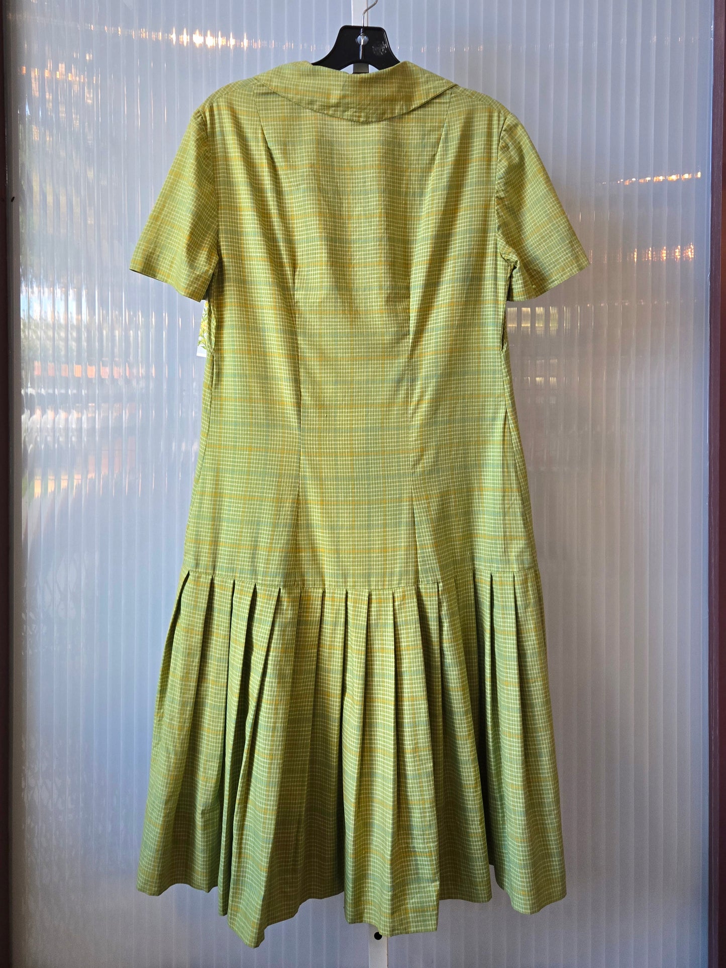 1960s Mod Green Plaid Pleated Drop Waist Dress