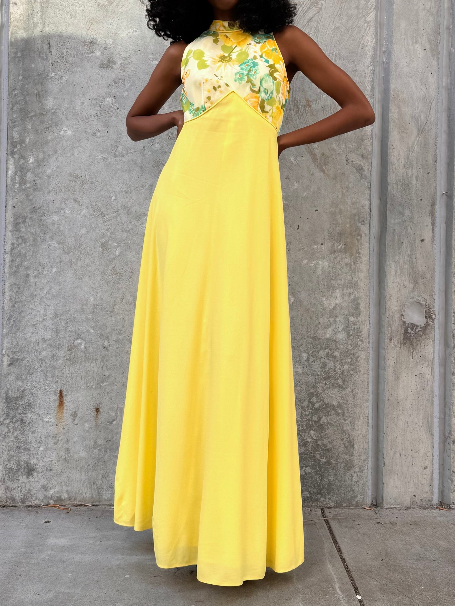 1960s Yellow Floral Empire Waist Dress with Hooded Jacket