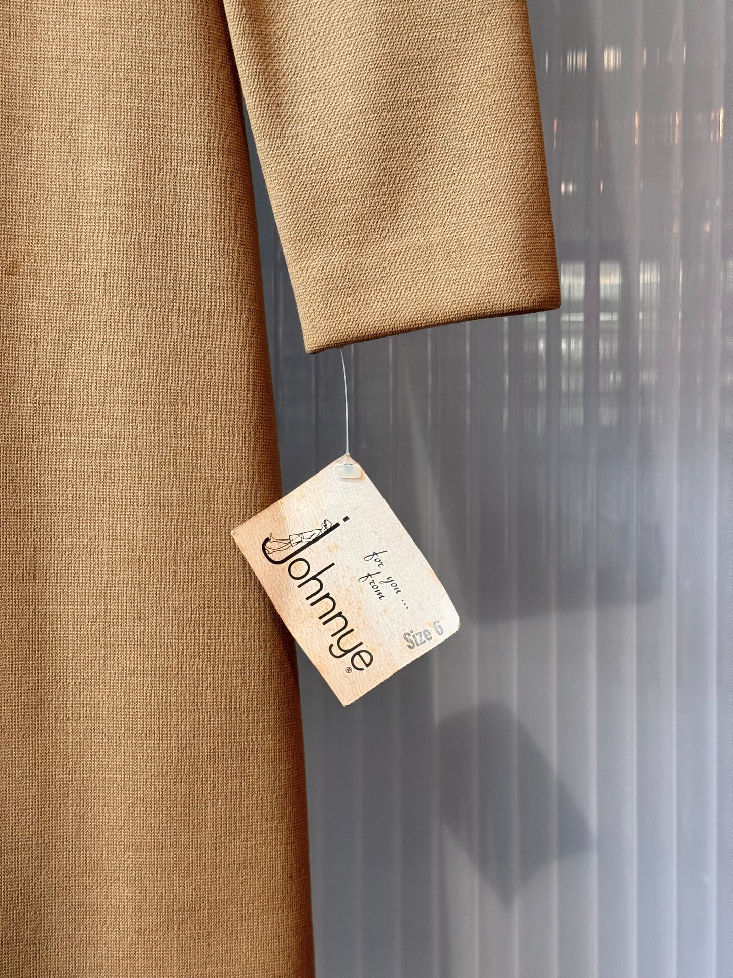 1970s Deadstock Johnnye Tan Mod Dress w/ High Collar