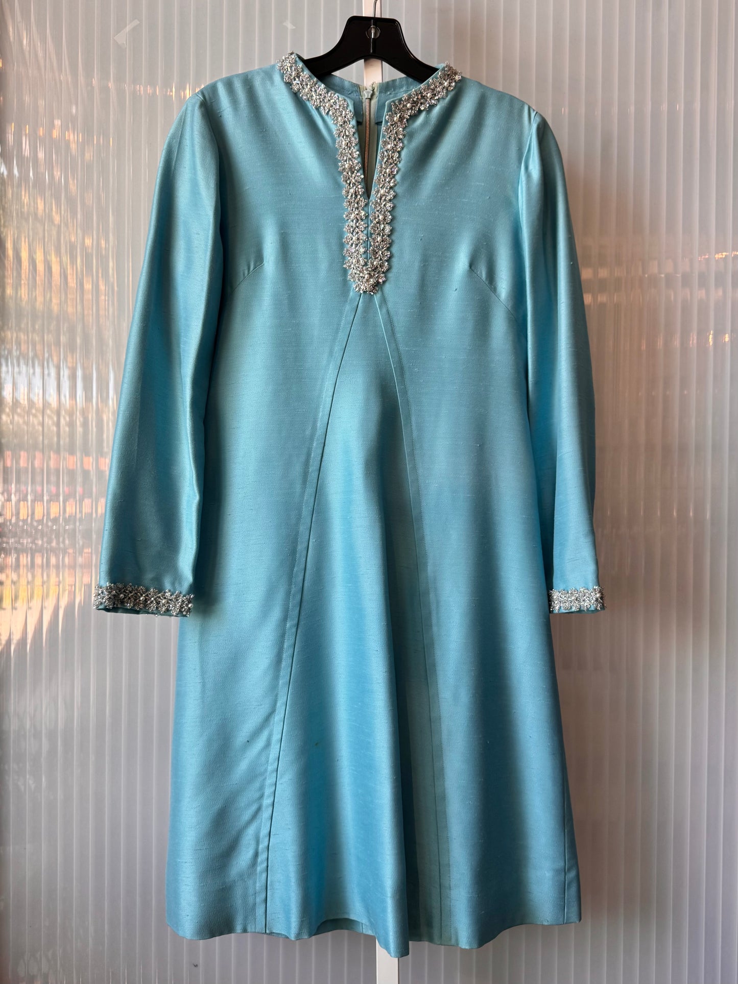 1960s Blue Formal Dress with Silver & Pearl Accents
