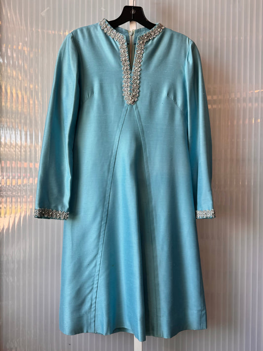 1960s Blue Formal Dress with Silver & Pearl Accents