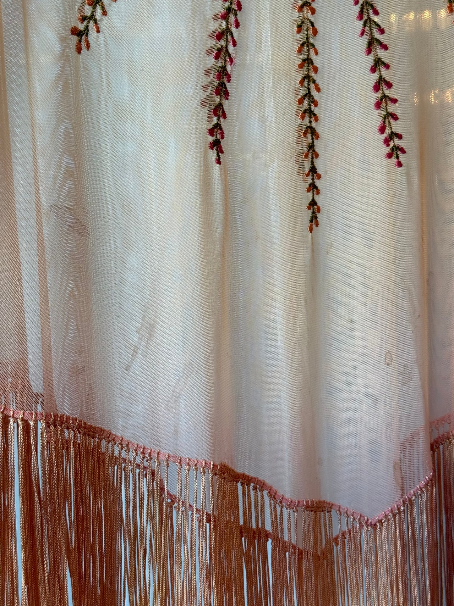 1960s Peachy Pink Sheer Fringe Poncho w/ Floral Embroidery