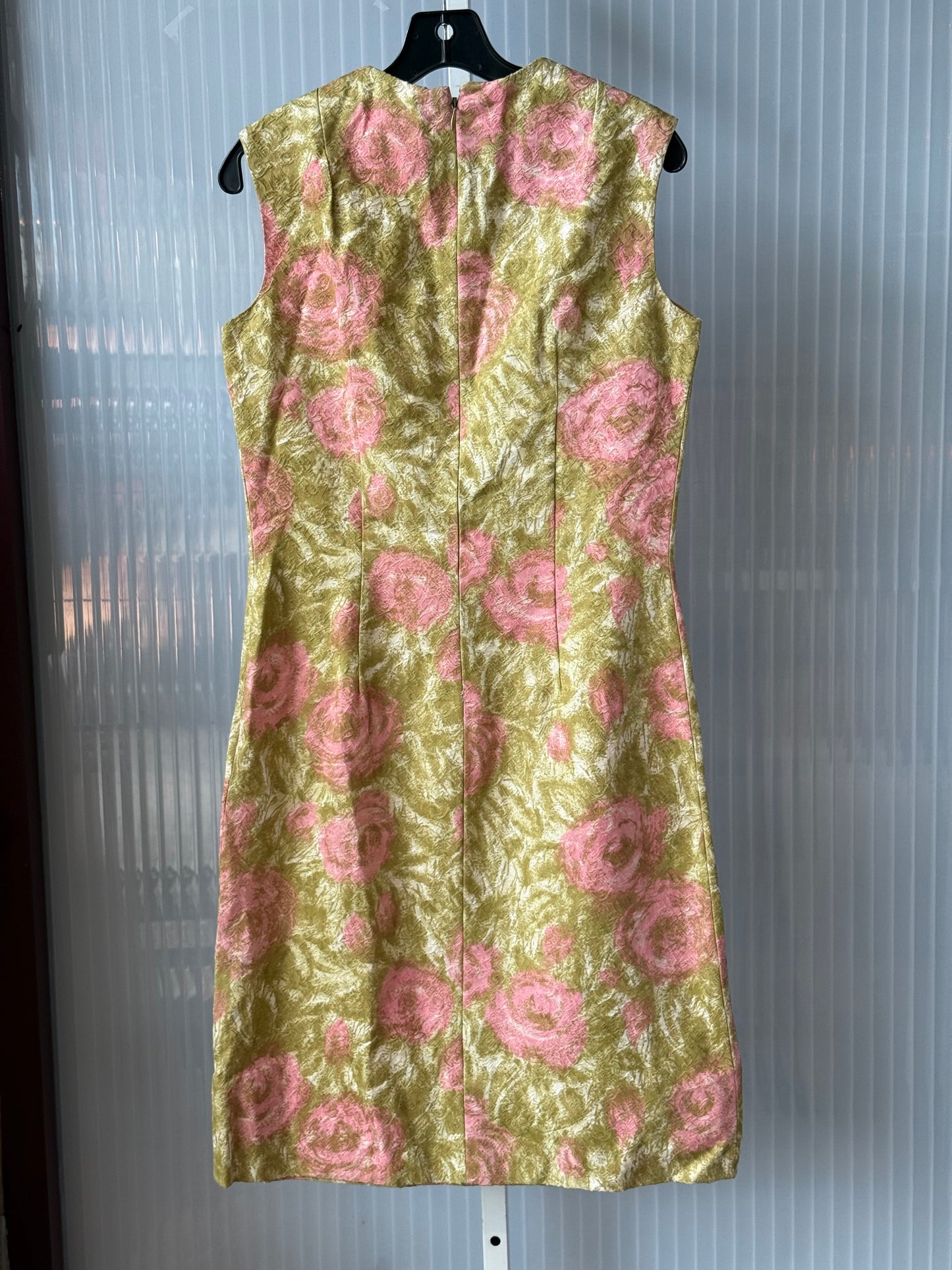 1960s Green & Pink Floral Sheath Dress w/ Sash