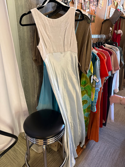 1990s Light Blue Sleeveless Empire Waist Gown