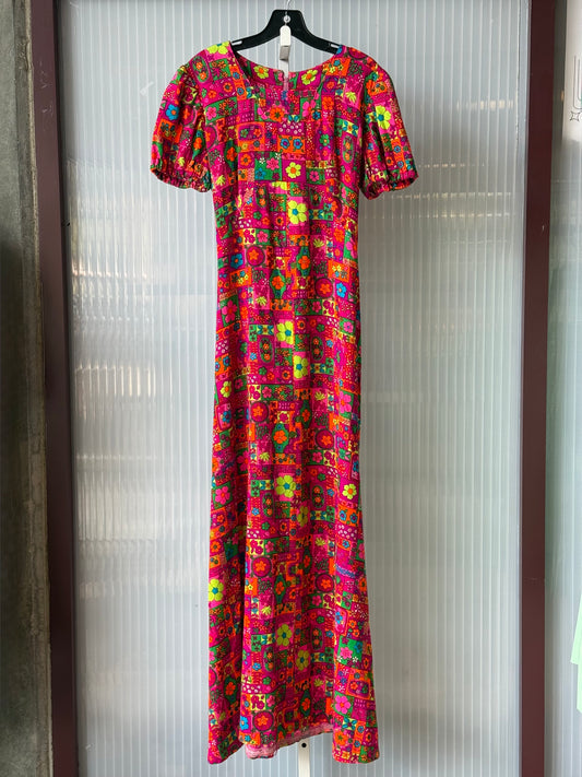 1970s Neon Floral Printed Dress