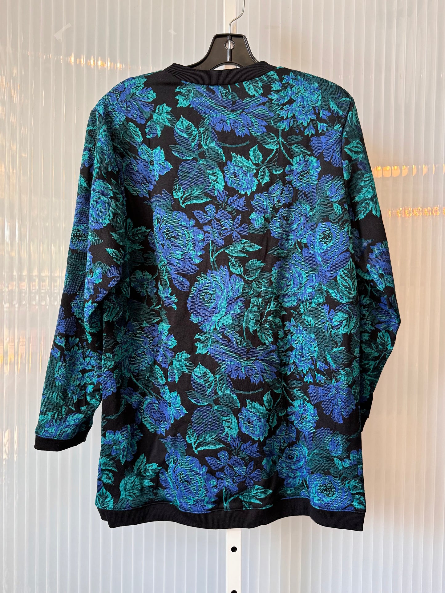 1980s Black & Teal Floral Sweater Top