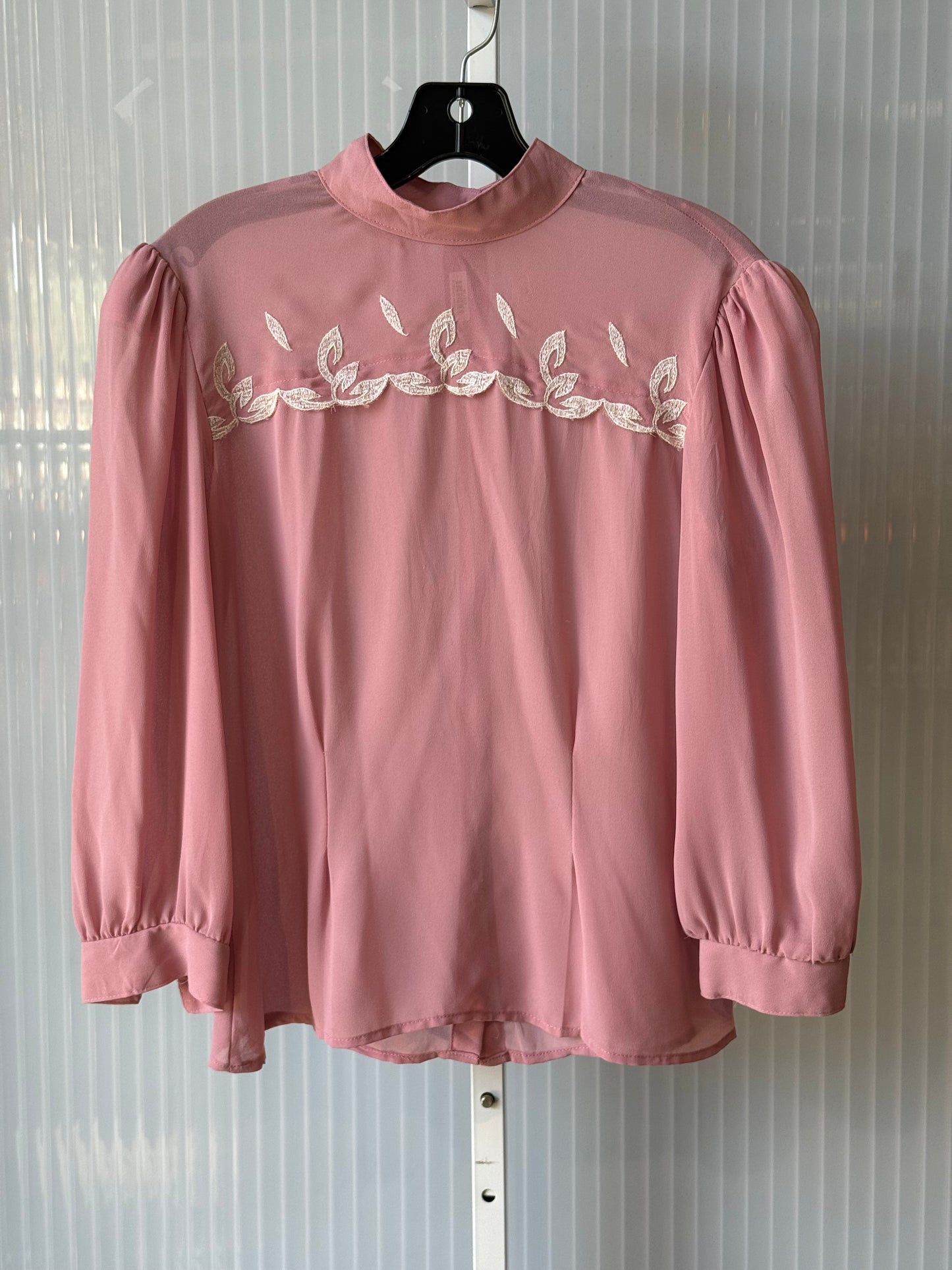 1970s Sheer Pink Long-Sleeve Blouse w/ Embroidery