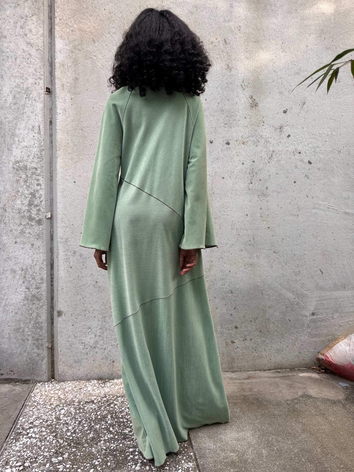 1970s Sage Green Dress with Brown Stitching