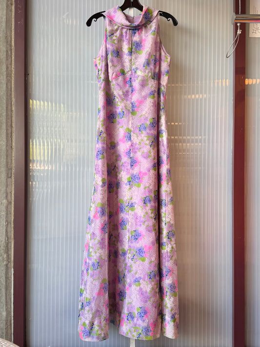 1970s Sleeveless Purple Floral Maxi Gown
