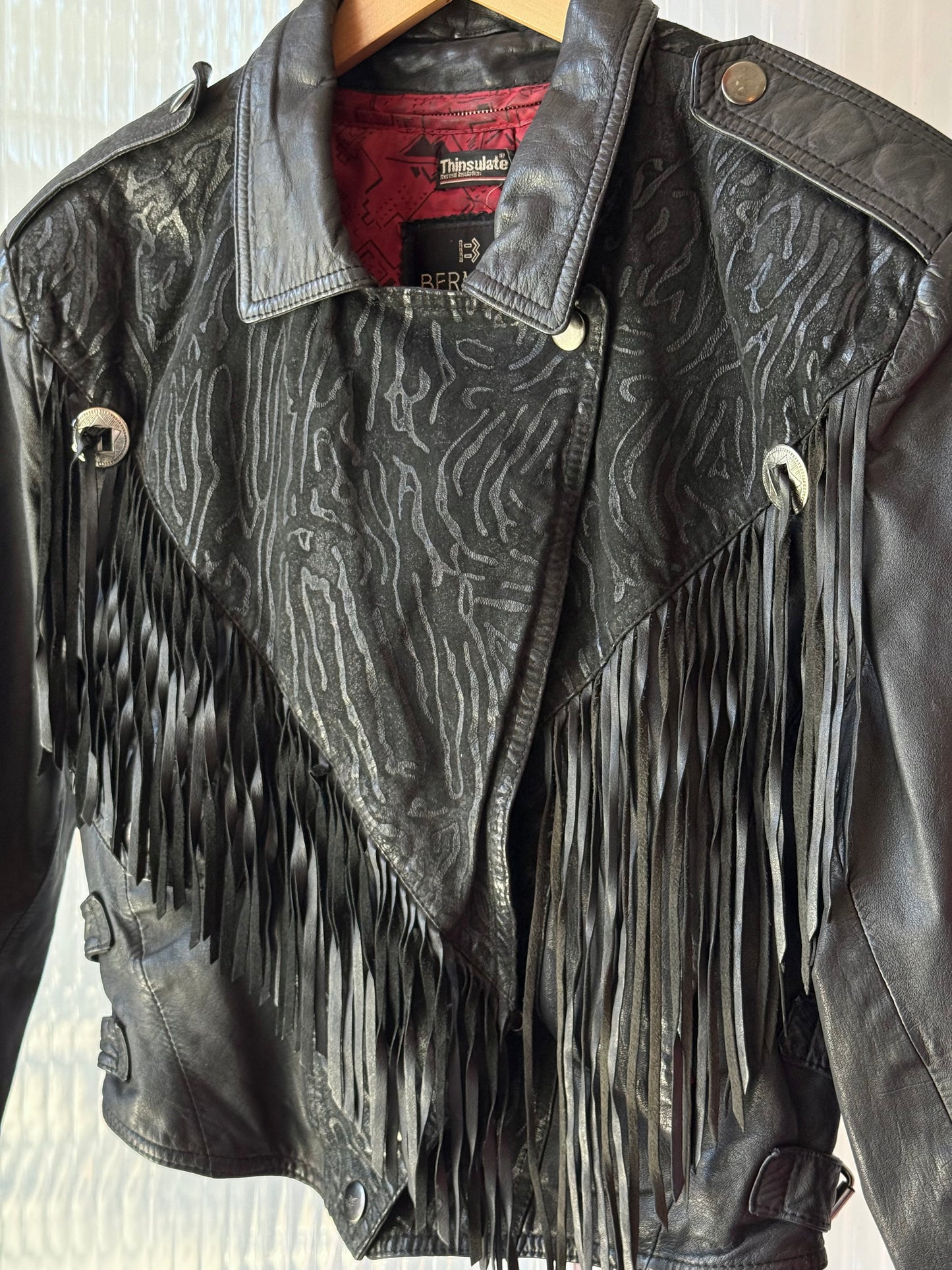 1980s Black Zebra Print Fringe Tapered Leather Jacket