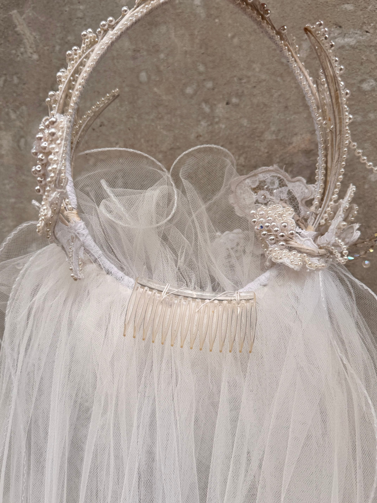1960s White Pearl & Iridescent Beaded Crown Veil