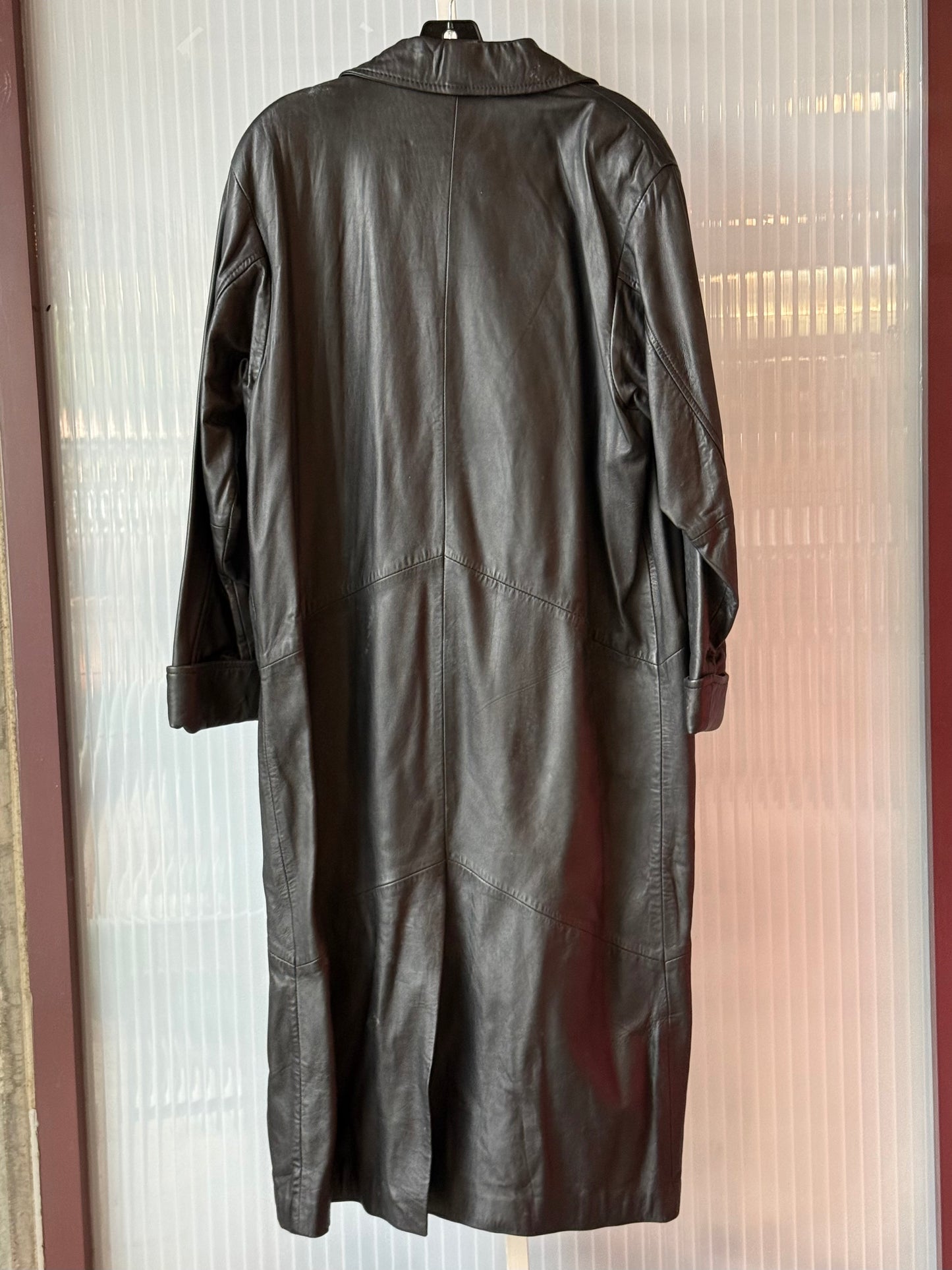 1990s Full Length Black Double Breasted Leather Trench Coat