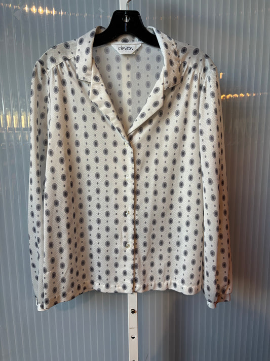 1970s White Long Sleeve Blouse With Black Floral Pattern