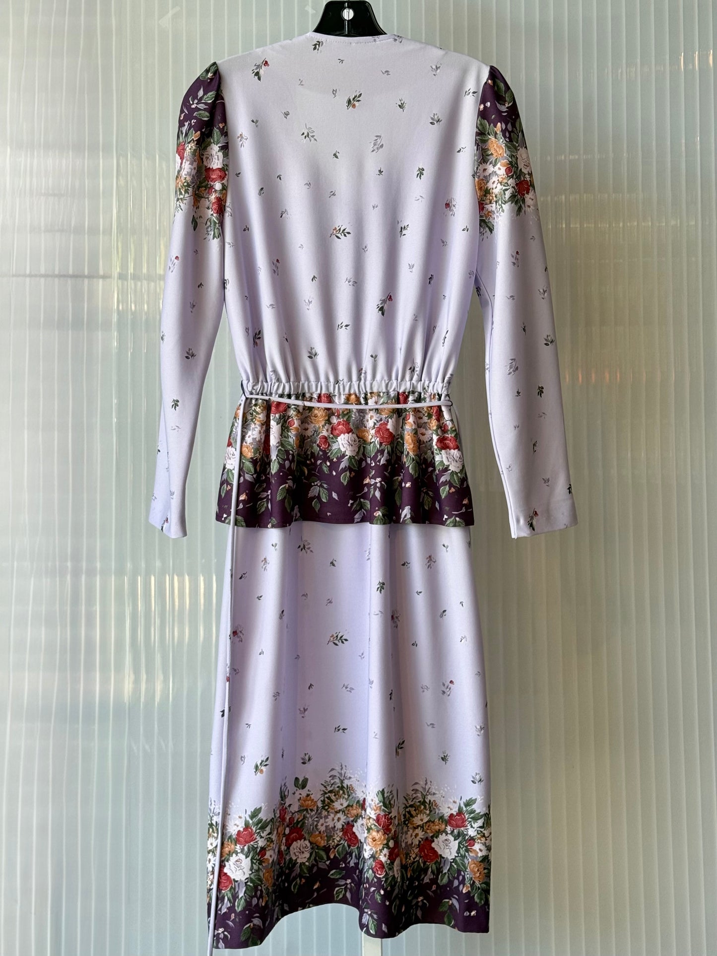 1970s Floral Print Lavender Peplum Dress