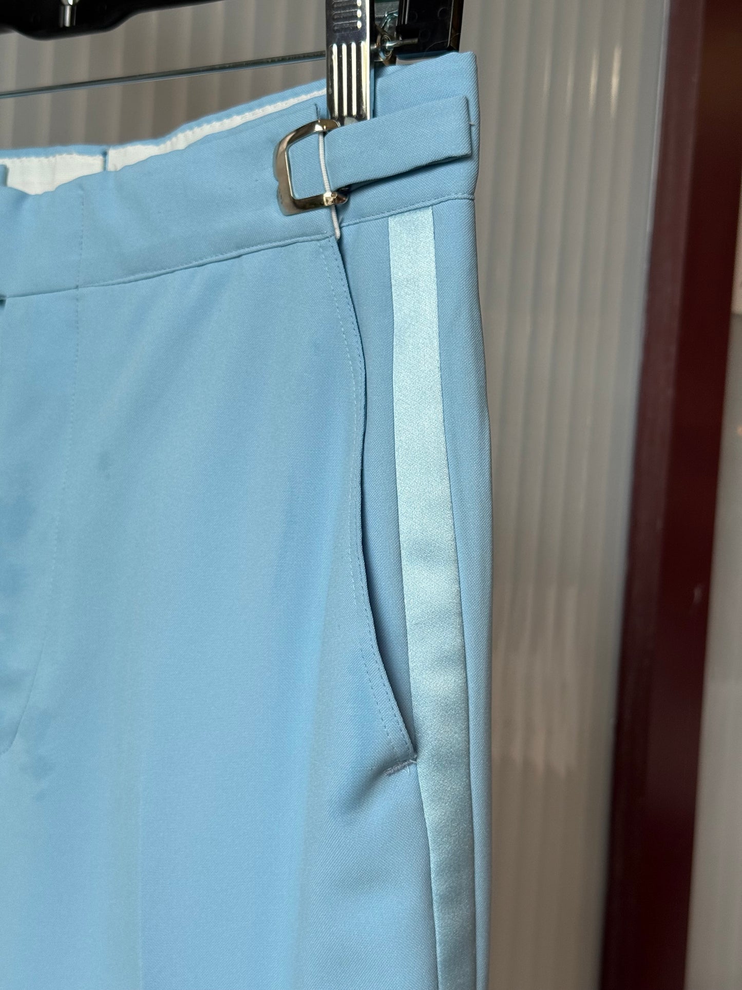 1970s Powder Blue Tuxedo Jacket, Pants, Cummerbund & Jabot Set