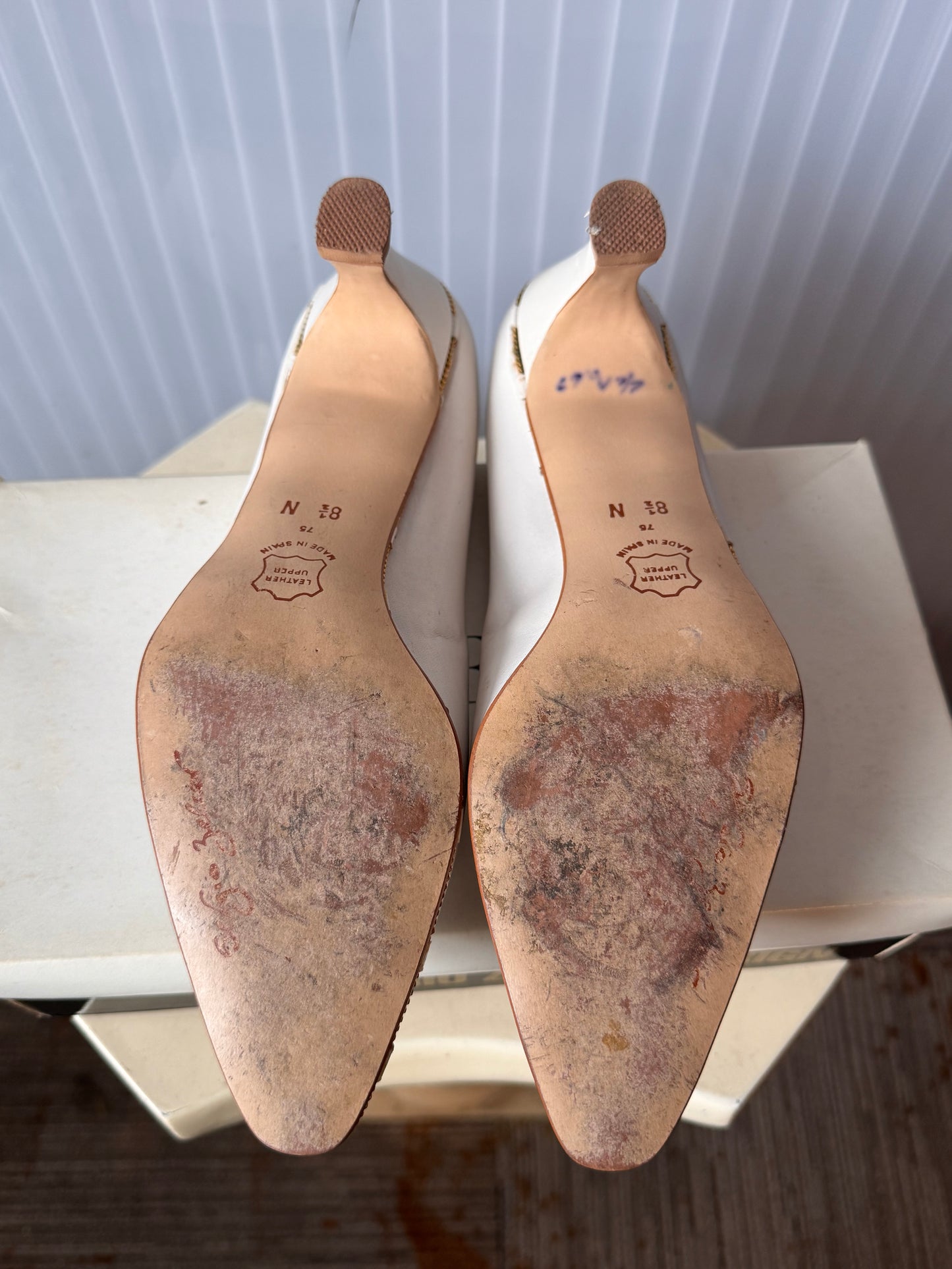 1980s White Leather Heels with Gold Shoe Clips