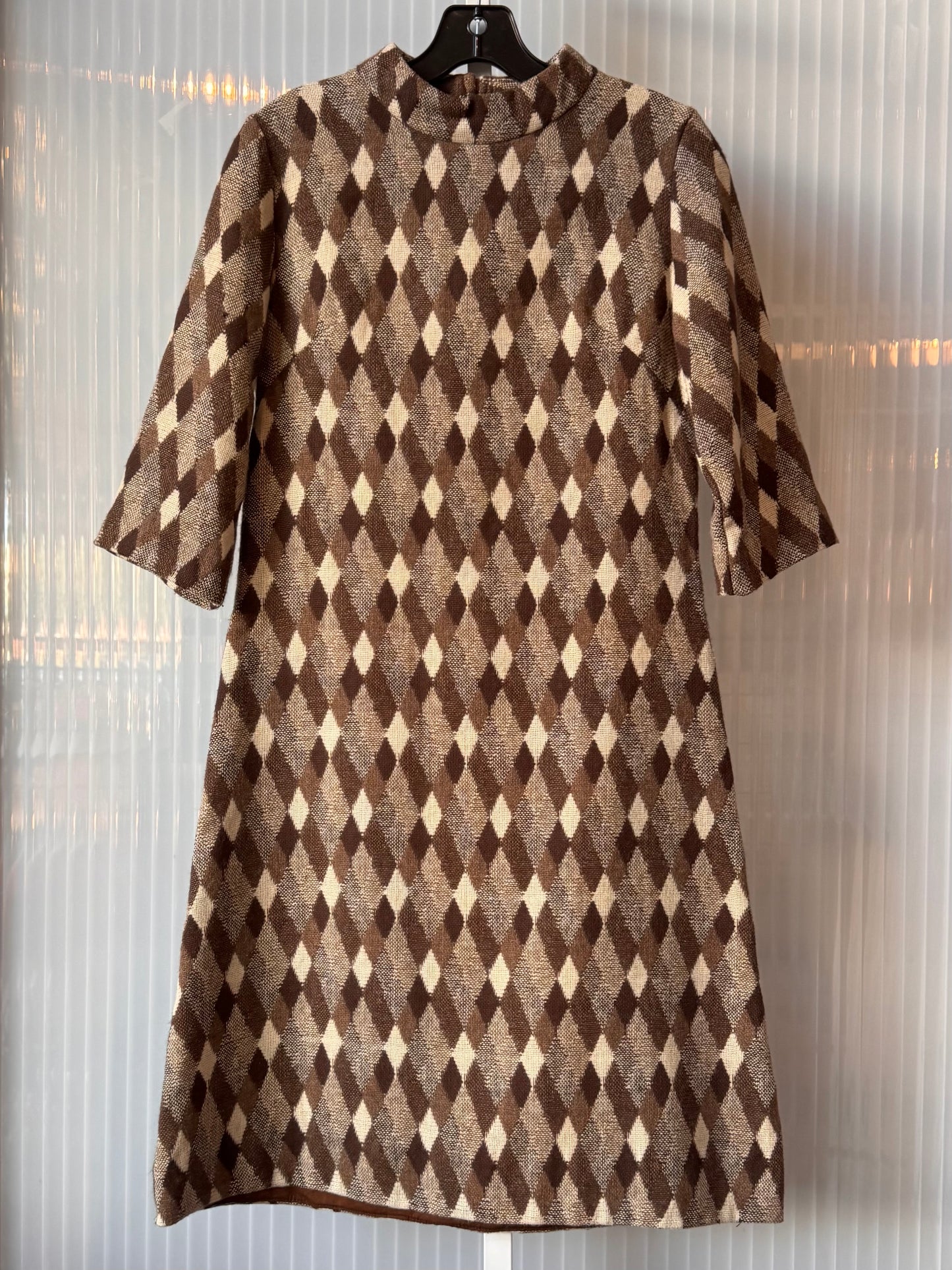 1970s Brown Rhombus Pattern Shift Dress