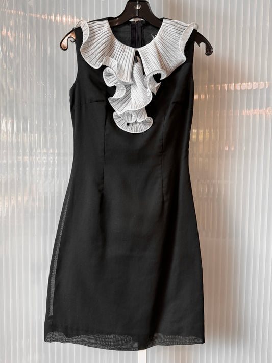 1970s Black & White Ruffled Neck Dress