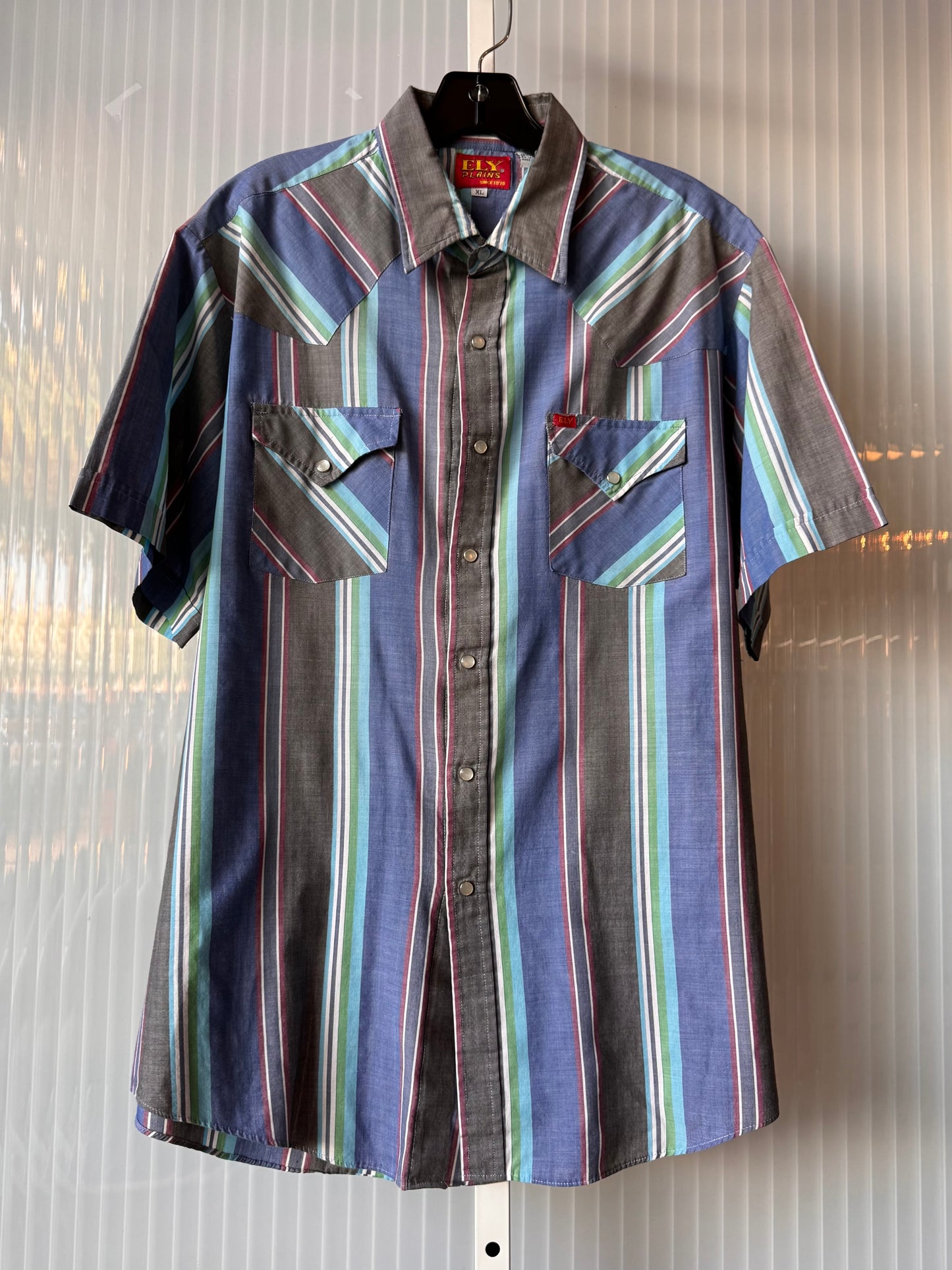 1990s Blue Multicolor Striped Pearl Snap Western Shirt