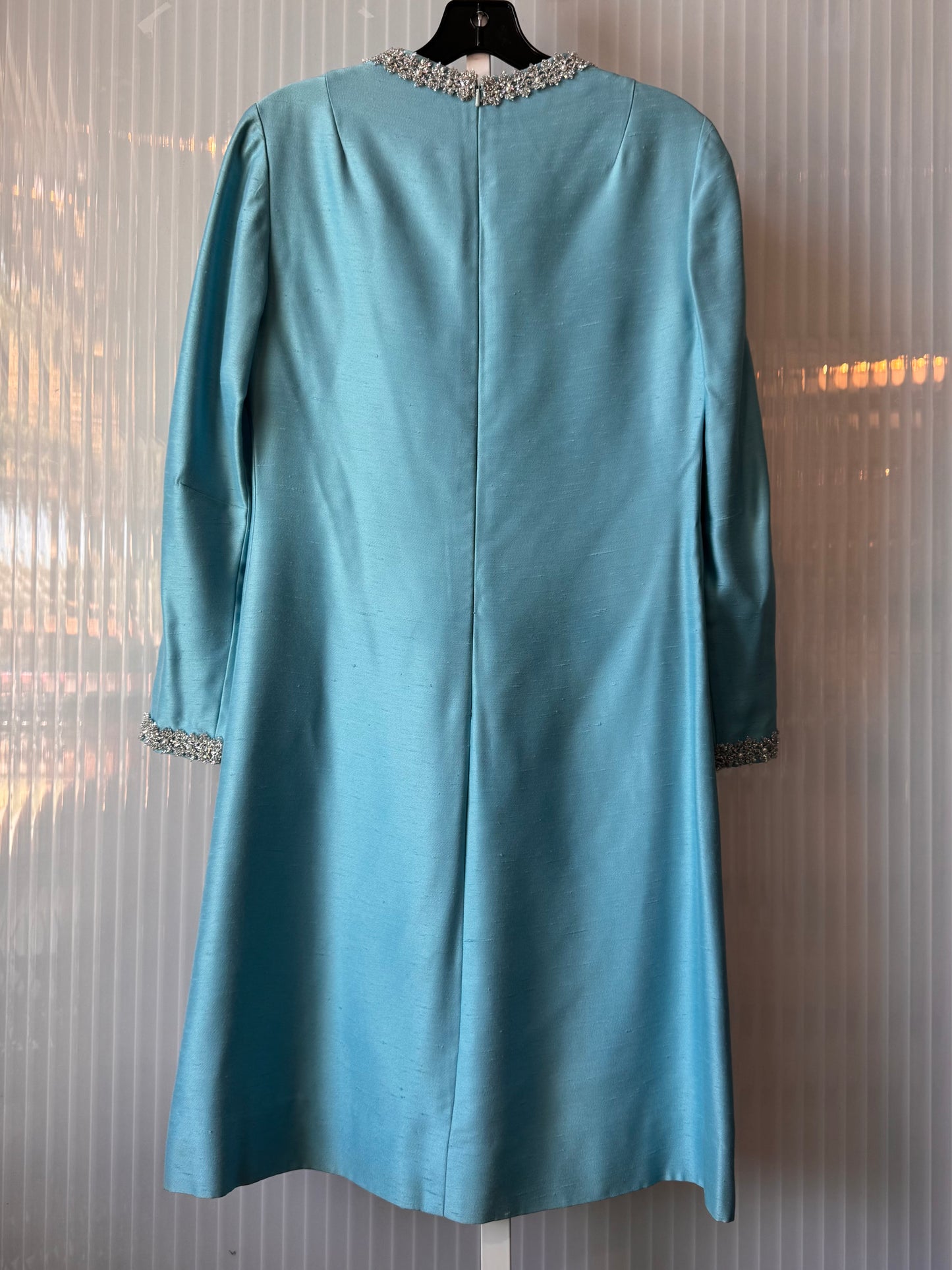 1960s Blue Formal Dress with Silver & Pearl Accents