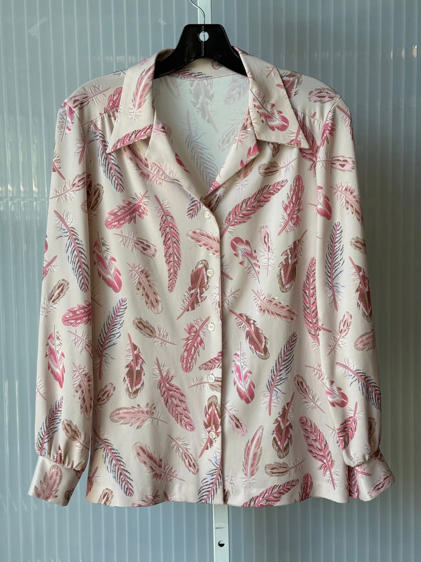 1970s Pink Long-Sleeve Shirt w/ Feather Print
