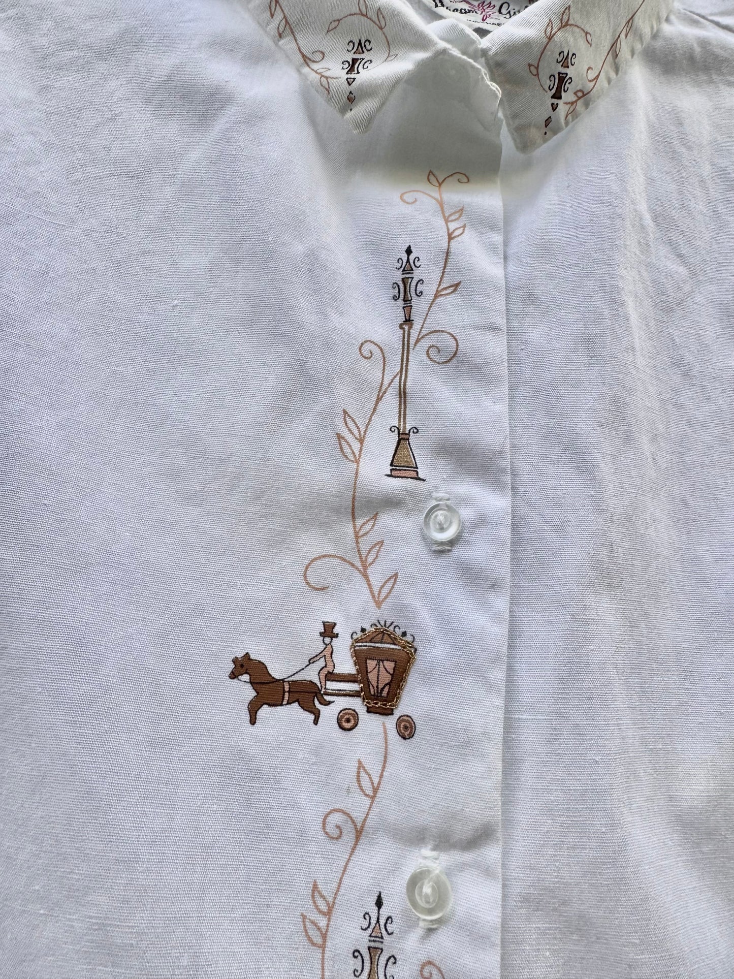 1960s White Blouse with Horse Carriage Print Detail