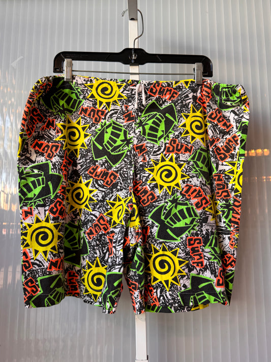 1990s Black & White Neon Printed Summer Shorts
