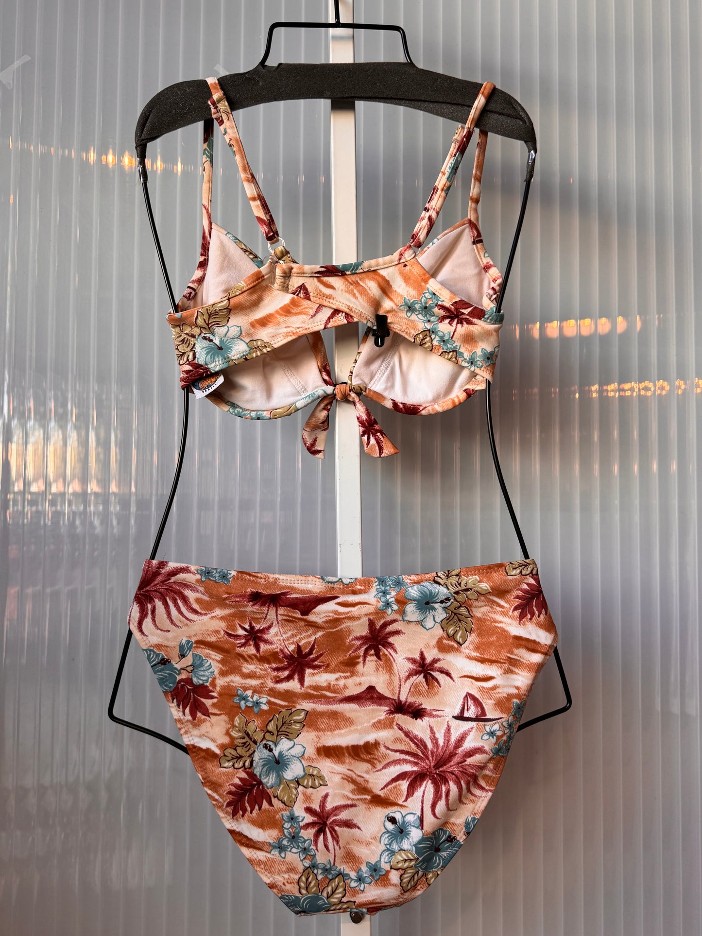 1990s Terracotta & White Bikini Set w/ Blue Hibiscus Print