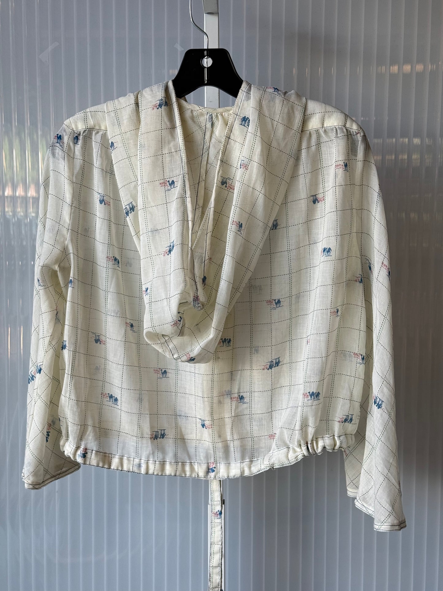 1970s Cream Sheer Cinch Waist Hooded Blouse w/ Camel Print