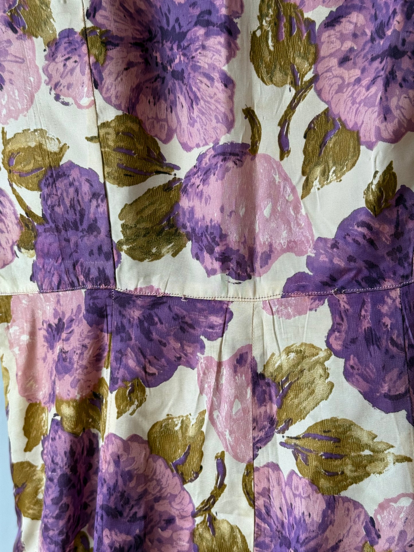 1960s Purple Floral Empire Waist Sheath Dress