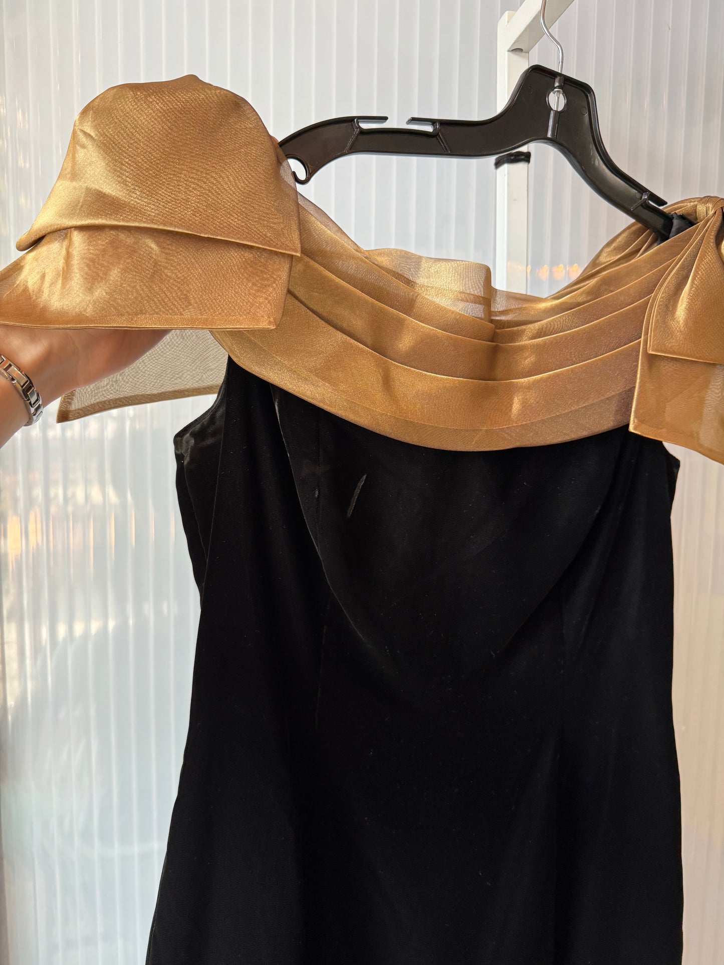 1980s Black Velvet & Gold Pleats Off-Shoulder Dress