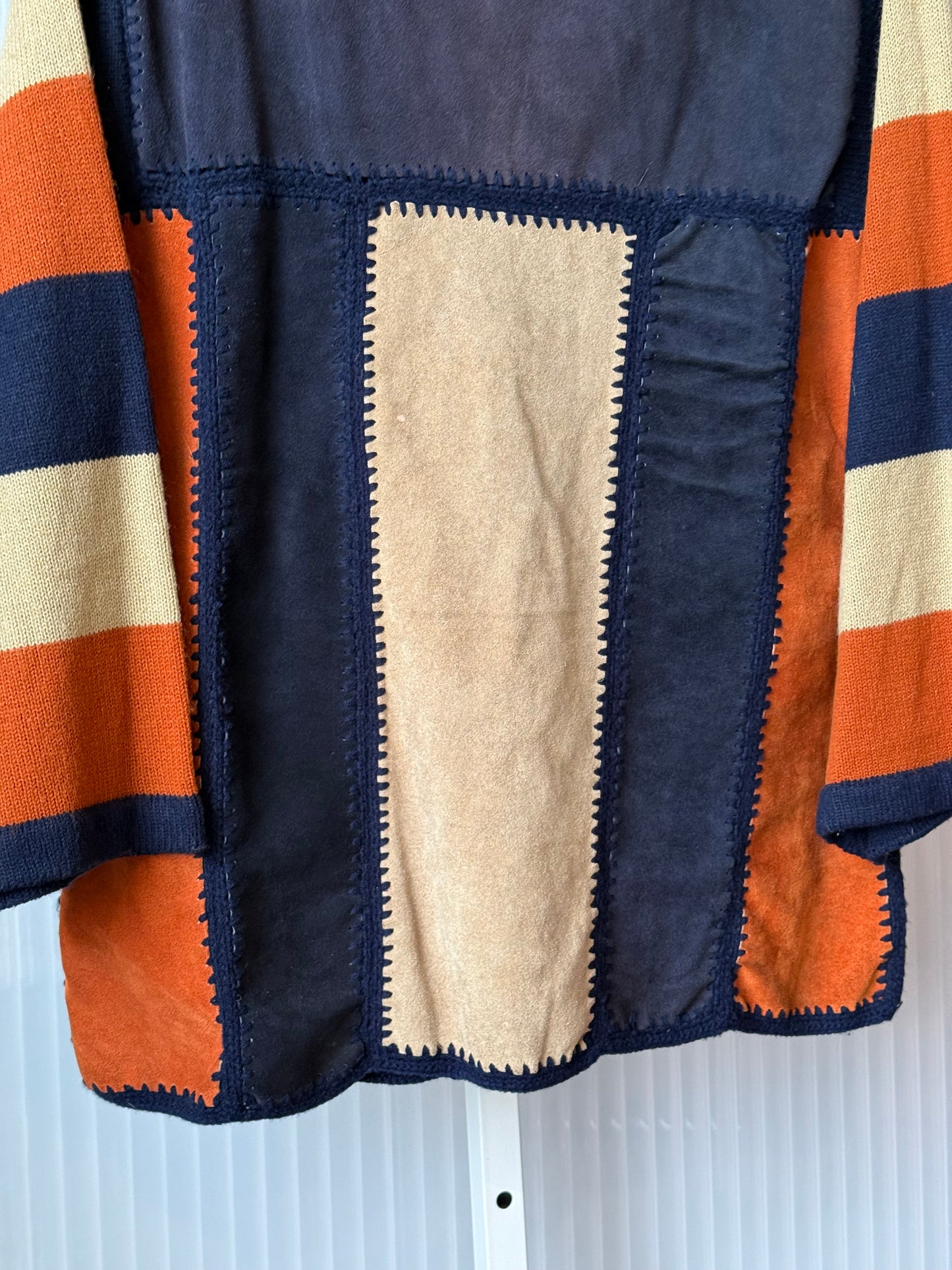 1970s Blue & Orange Suede Coat w/ Knitted Hood & Sleeves